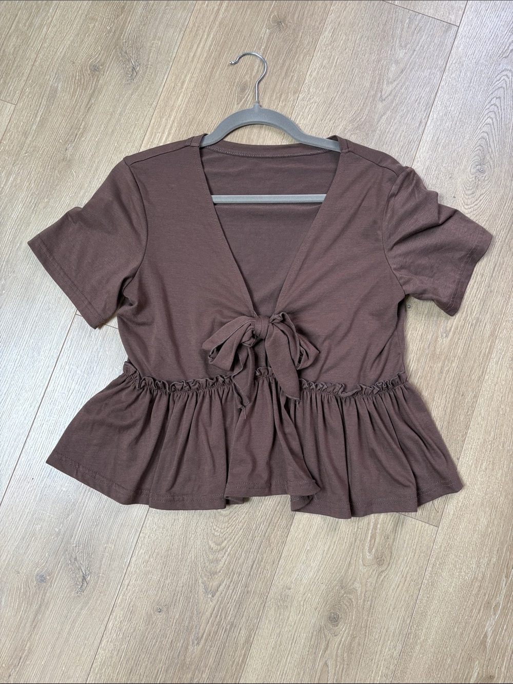 Brown Tie-Front Peplum Top - Women's